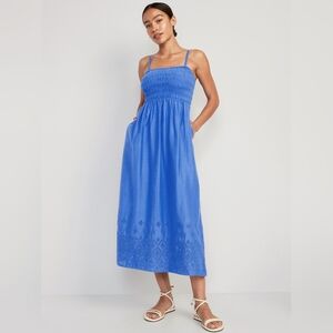 NWT Fit & Flare Eyelet-Embroidered Smocked Maxi Cami Dress Size Small In Blue